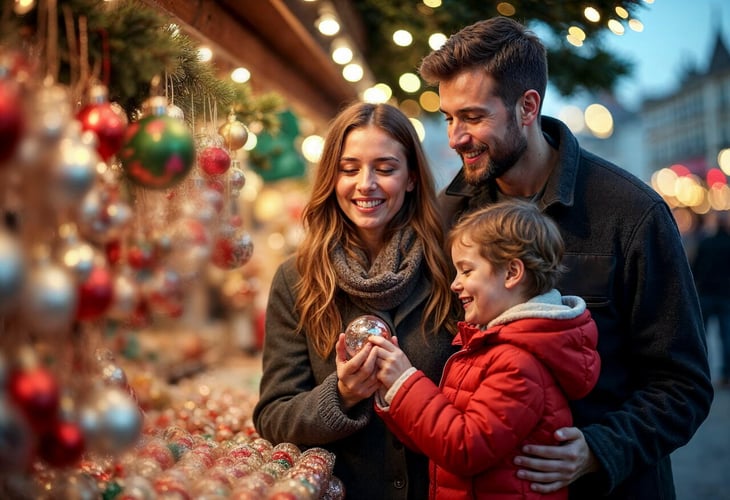 familia en navidad sosteniendo una esfera 