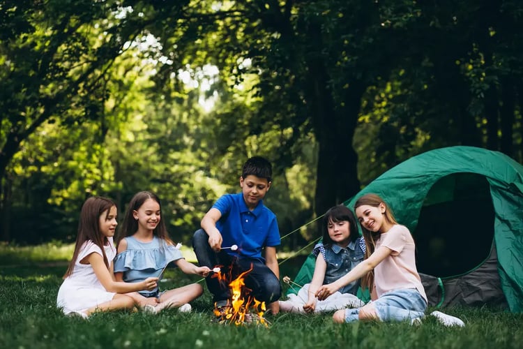 niños alrededor de la fogata en campamento de verano